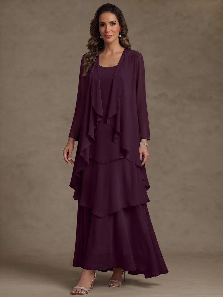 Robe Mère de la Mariée, Forme A/Princesse, Col Rond, Mousseline, avec Veste et Volants, Manches Longues, Longueur à la Cheville