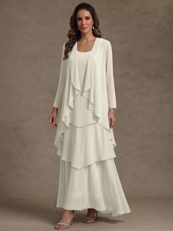 Robe Mère de la Mariée, Forme A/Princesse, Col Rond, Mousseline, avec Veste et Volants, Manches Longues, Longueur à la Cheville