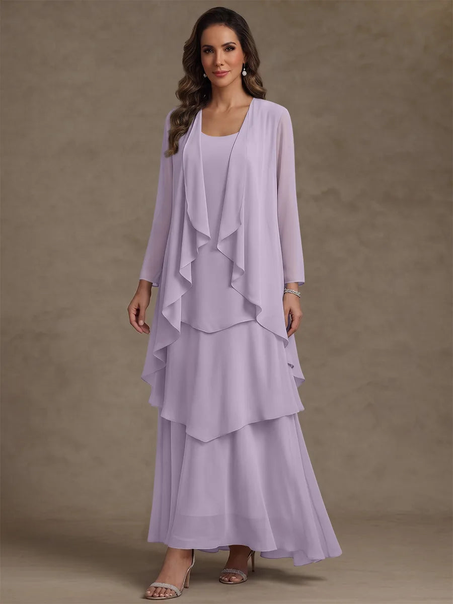 Robe Mère de la Mariée, Forme A/Princesse, Col Rond, Mousseline, avec Veste et Volants, Manches Longues, Longueur à la Cheville