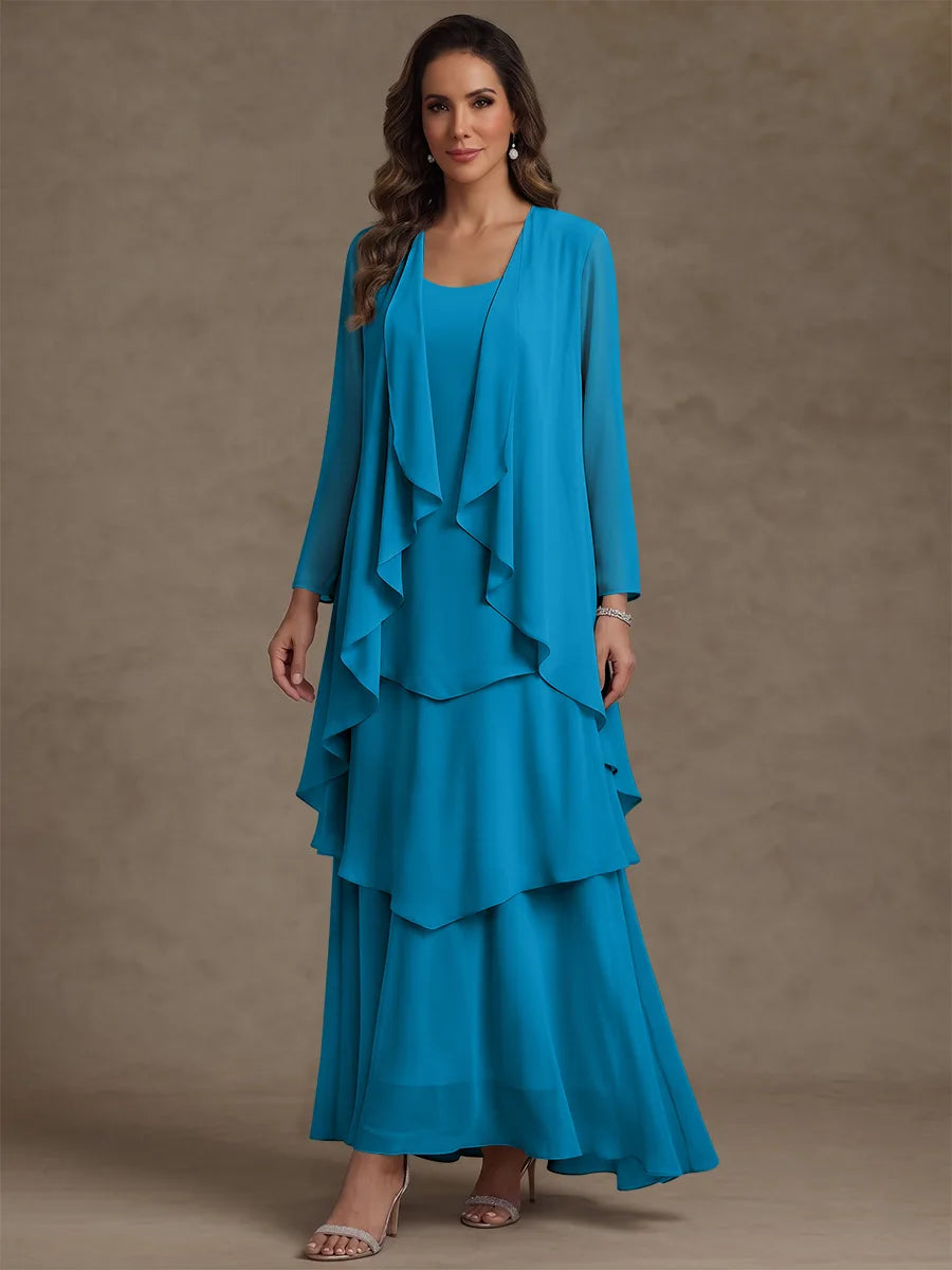 Robe Mère de la Mariée, Forme A/Princesse, Col Rond, Mousseline, avec Veste et Volants, Manches Longues, Longueur à la Cheville