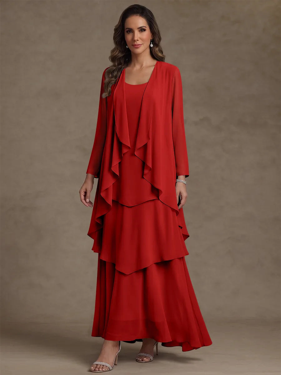 Robe Mère de la Mariée, Forme A/Princesse, Col Rond, Mousseline, avec Veste et Volants, Manches Longues, Longueur à la Cheville