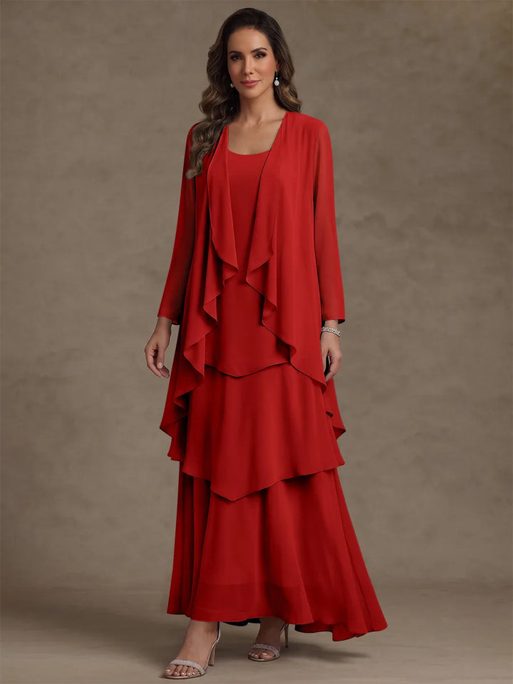 Robe Mère de la Mariée, Forme A/Princesse, Col Rond, Mousseline, avec Veste et Volants, Manches Longues, Longueur à la Cheville