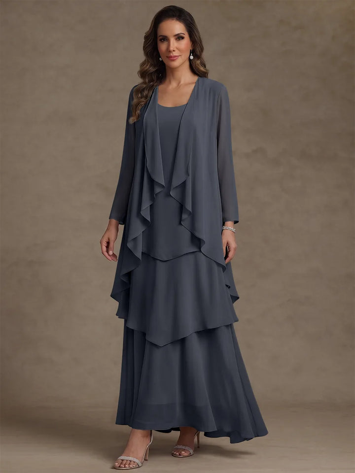 Robe Mère de la Mariée, Forme A/Princesse, Col Rond, Mousseline, avec Veste et Volants, Manches Longues, Longueur à la Cheville