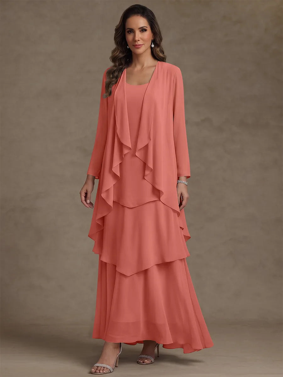 Robe Mère de la Mariée, Forme A/Princesse, Col Rond, Mousseline, avec Veste et Volants, Manches Longues, Longueur à la Cheville