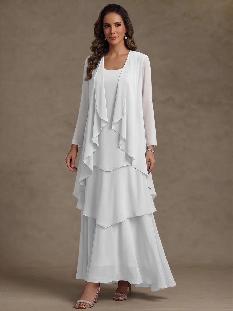 Robe Mère de la Mariée, Forme A/Princesse, Col Rond, Mousseline, avec Veste et Volants, Manches Longues, Longueur à la Cheville
