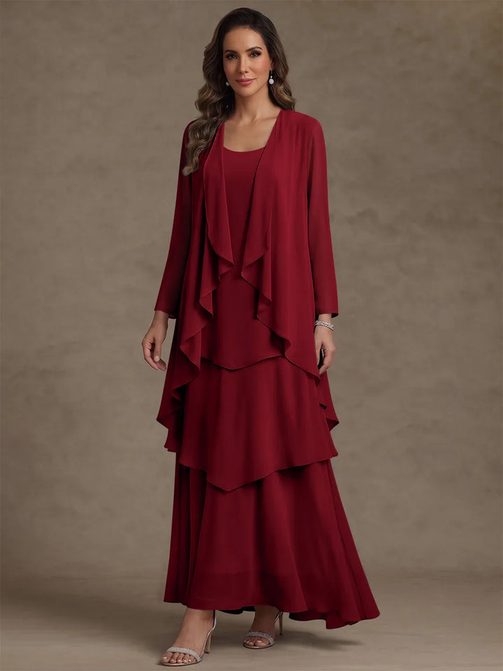 Robe Mère de la Mariée, Forme A/Princesse, Col Rond, Mousseline, avec Veste et Volants, Manches Longues, Longueur à la Cheville