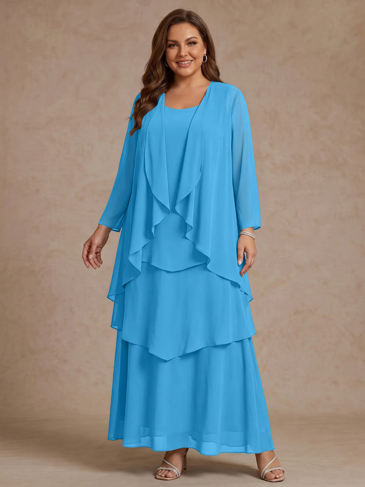 Robe Mère de la Mariée, Grande Taille, Ligne A/Princesse, Col Rond, Manches Longues, Longueur de la Cheville, Mousseline