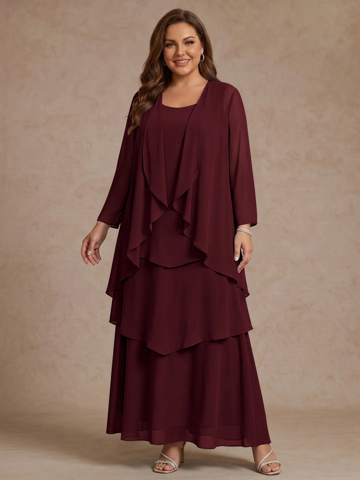 Robe Mère de la Mariée, Grande Taille, Ligne A/Princesse, Col Rond, Manches Longues, Longueur de la Cheville, Mousseline
