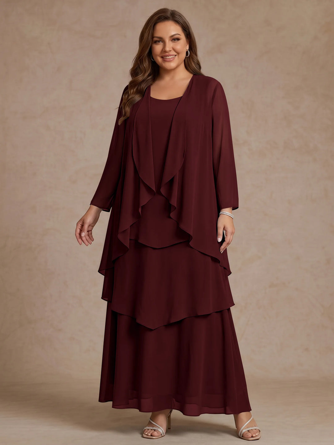 Robe Mère de la Mariée, Grande Taille, Ligne A/Princesse, Col Rond, Manches Longues, Longueur de la Cheville, Mousseline