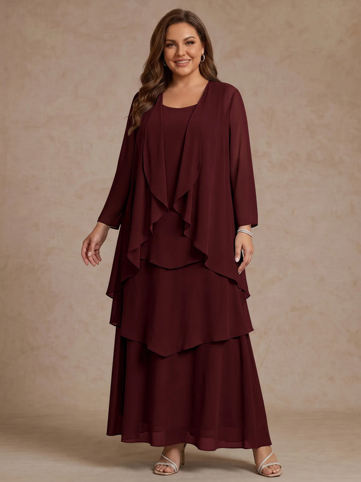 Robe Mère de la Mariée, Grande Taille, Ligne A/Princesse, Col Rond, Manches Longues, Longueur de la Cheville, Mousseline