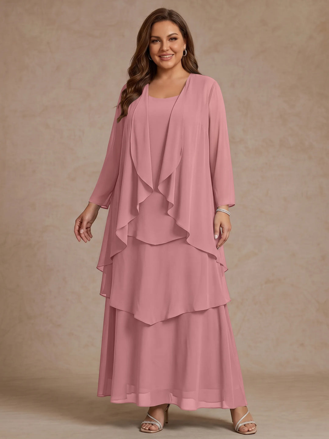 Robe Mère de la Mariée, Grande Taille, Ligne A/Princesse, Col Rond, Manches Longues, Longueur de la Cheville, Mousseline