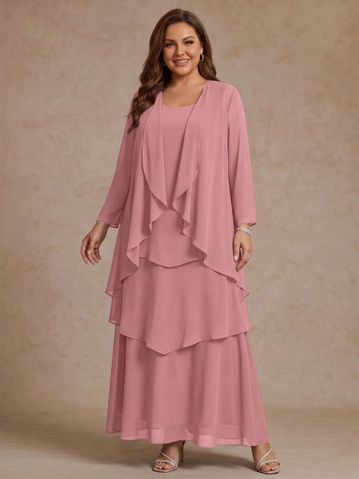 Robe Mère de la Mariée, Grande Taille, Ligne A/Princesse, Col Rond, Manches Longues, Longueur de la Cheville, Mousseline