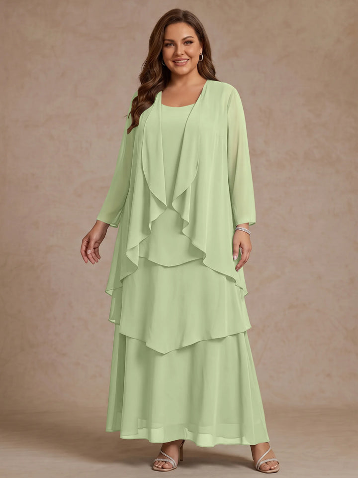 Robe Mère de la Mariée, Grande Taille, Ligne A/Princesse, Col Rond, Manches Longues, Longueur de la Cheville, Mousseline