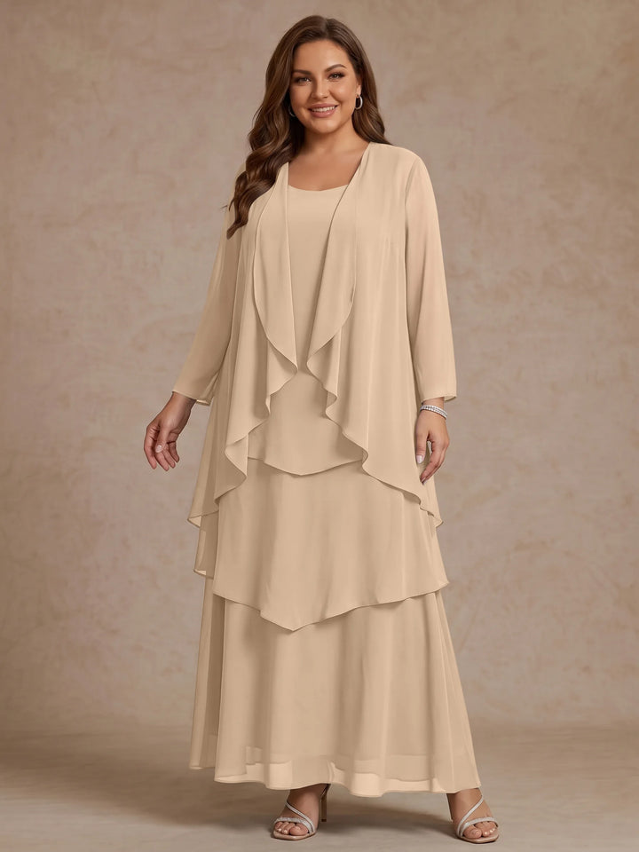 Robe Mère de la Mariée, Grande Taille, Ligne A/Princesse, Col Rond, Manches Longues, Longueur de la Cheville, Mousseline