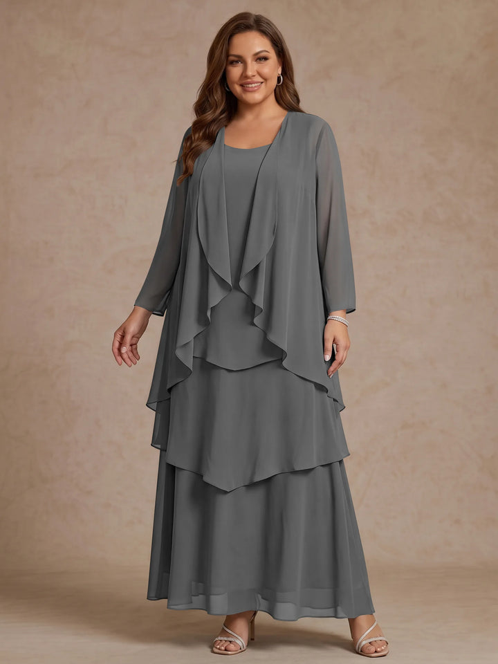 Robe Mère de la Mariée, Grande Taille, Ligne A/Princesse, Col Rond, Manches Longues, Longueur de la Cheville, Mousseline