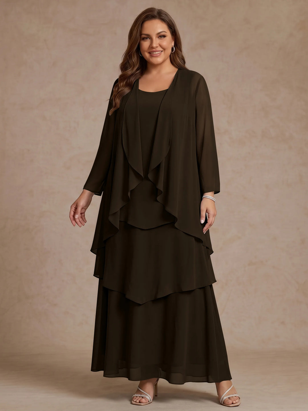Robe Mère de la Mariée, Grande Taille, Ligne A/Princesse, Col Rond, Manches Longues, Longueur de la Cheville, Mousseline