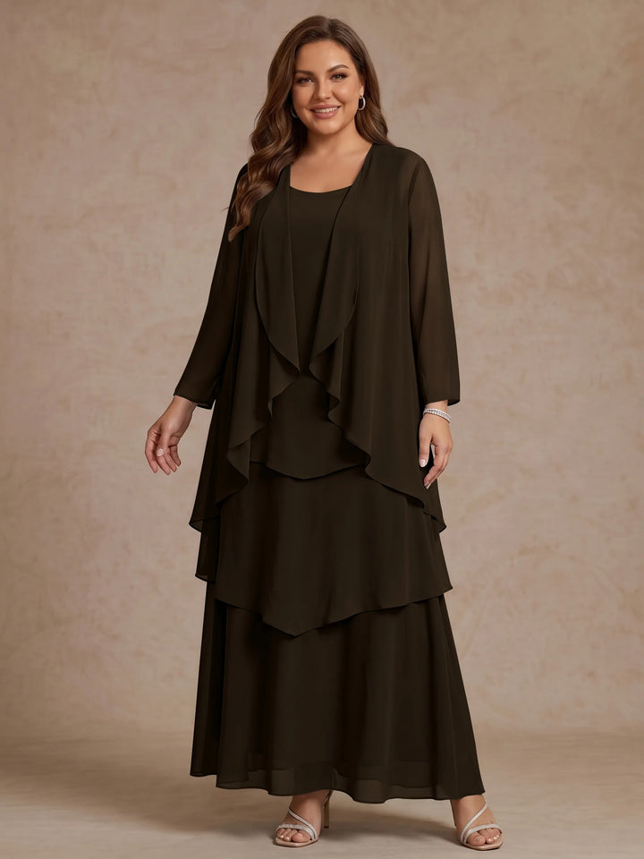 Robe Mère de la Mariée, Grande Taille, Ligne A/Princesse, Col Rond, Manches Longues, Longueur de la Cheville, Mousseline