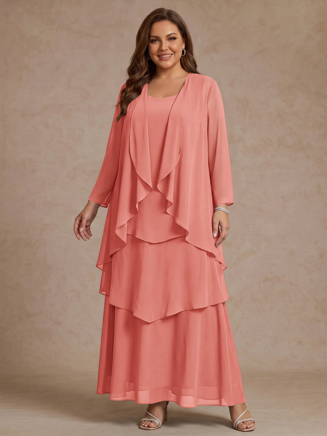 Robe Mère de la Mariée, Grande Taille, Ligne A/Princesse, Col Rond, Manches Longues, Longueur de la Cheville, Mousseline