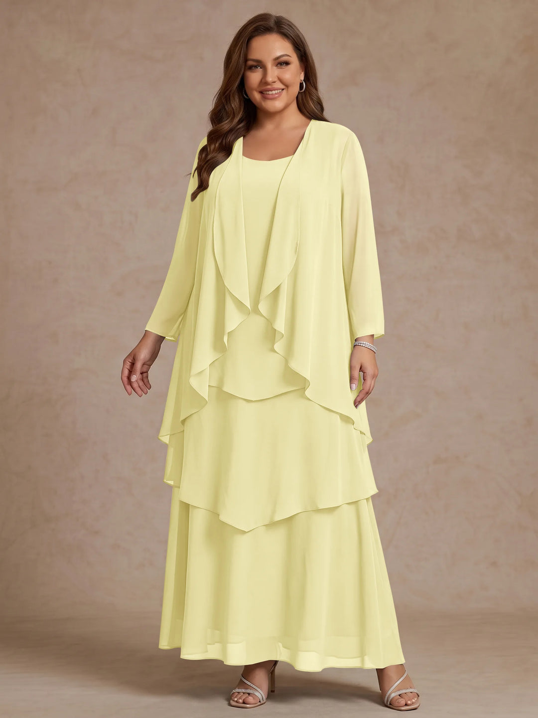 Robe Mère de la Mariée, Grande Taille, Ligne A/Princesse, Col Rond, Manches Longues, Longueur de la Cheville, Mousseline