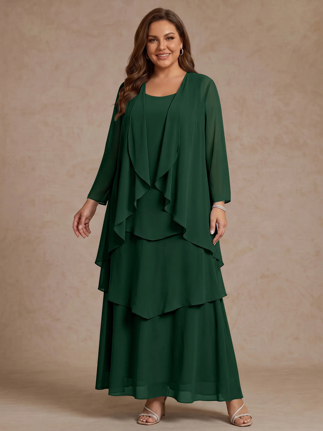 Robe Mère de la Mariée, Grande Taille, Ligne A/Princesse, Col Rond, Manches Longues, Longueur de la Cheville, Mousseline