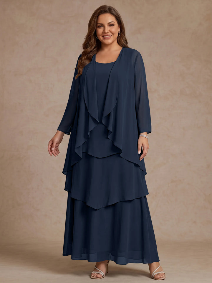Robe Mère de la Mariée, Grande Taille, Ligne A/Princesse, Col Rond, Manches Longues, Longueur de la Cheville, Mousseline