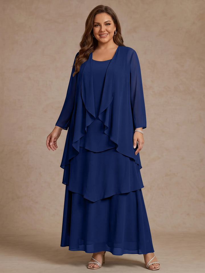 Robe Mère de la Mariée, Grande Taille, Ligne A/Princesse, Col Rond, Manches Longues, Longueur de la Cheville, Mousseline