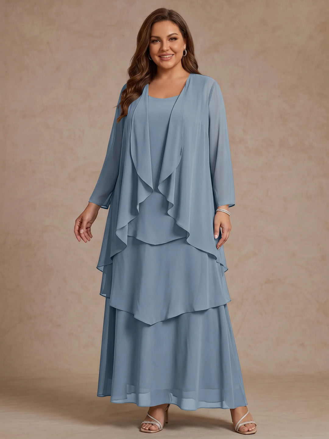 Robe Mère de la Mariée, Grande Taille, Ligne A/Princesse, Col Rond, Manches Longues, Longueur de la Cheville, Mousseline