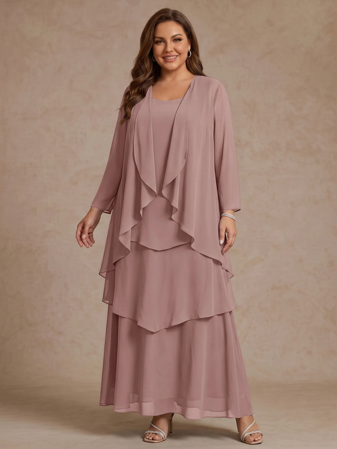 Robe Mère de la Mariée, Grande Taille, Ligne A/Princesse, Col Rond, Manches Longues, Longueur de la Cheville, Mousseline