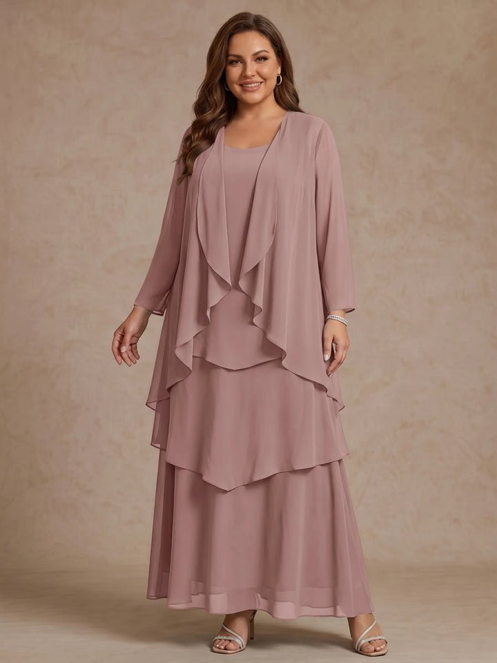 Robe Mère de la Mariée, Grande Taille, Ligne A/Princesse, Col Rond, Manches Longues, Longueur de la Cheville, Mousseline
