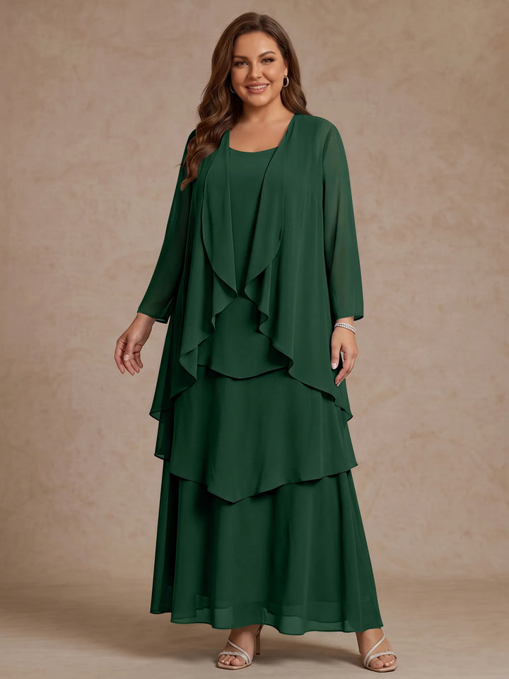 Robe Mère de la Mariée, Grande Taille, Ligne A/Princesse, Col Rond, Manches Longues, Longueur de la Cheville, Mousseline