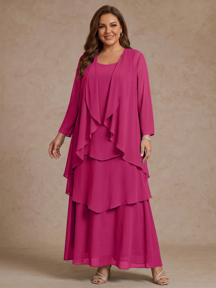 Robe Mère de la Mariée, Grande Taille, Ligne A/Princesse, Col Rond, Manches Longues, Longueur de la Cheville, Mousseline