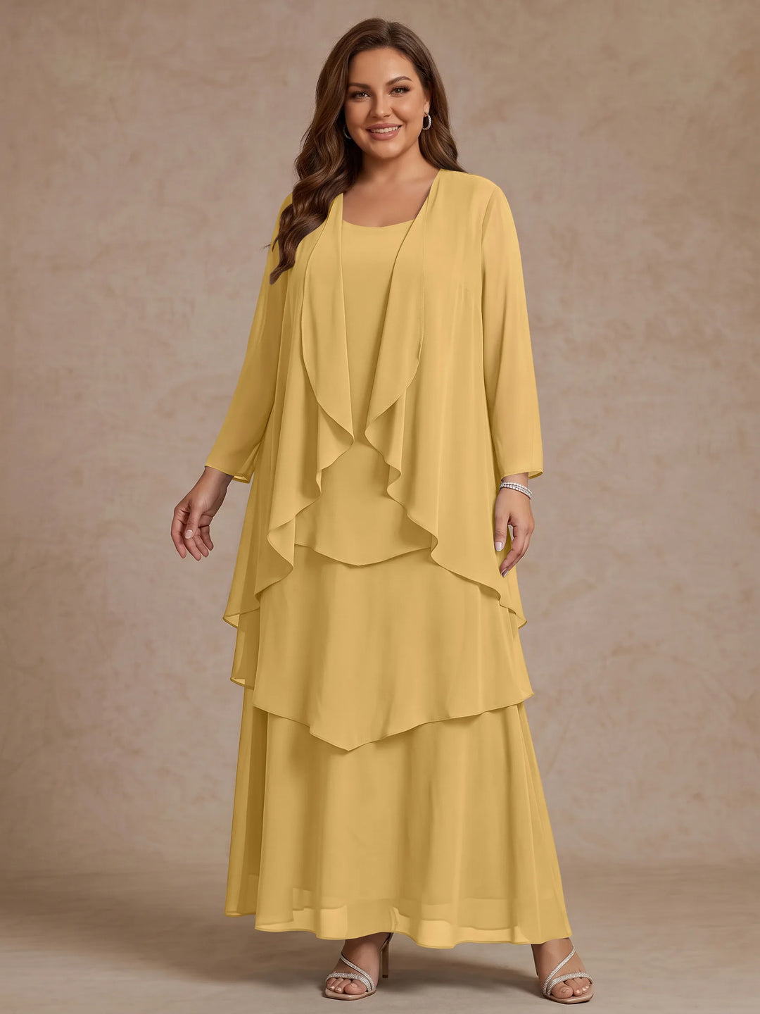 Robe Mère de la Mariée, Grande Taille, Ligne A/Princesse, Col Rond, Manches Longues, Longueur de la Cheville, Mousseline