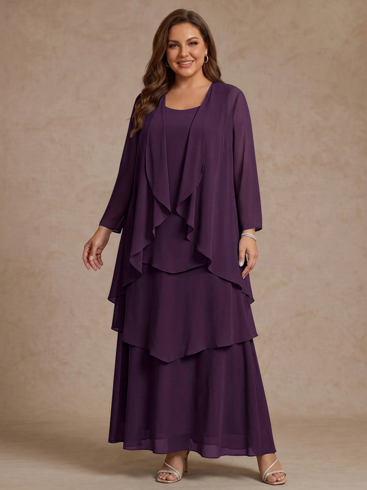 Robe Mère de la Mariée, Grande Taille, Ligne A/Princesse, Col Rond, Manches Longues, Longueur de la Cheville, Mousseline