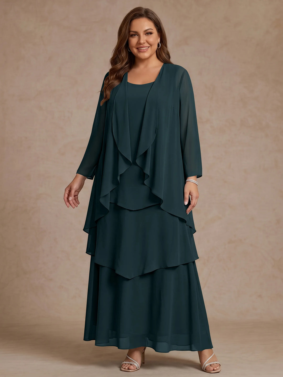 Robe Mère de la Mariée, Grande Taille, Ligne A/Princesse, Col Rond, Manches Longues, Longueur de la Cheville, Mousseline