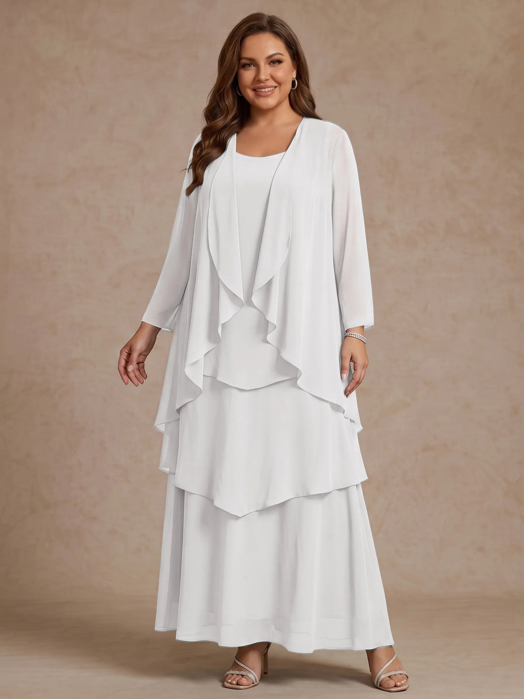 Robe Mère de la Mariée, Grande Taille, Ligne A/Princesse, Col Rond, Manches Longues, Longueur de la Cheville, Mousseline