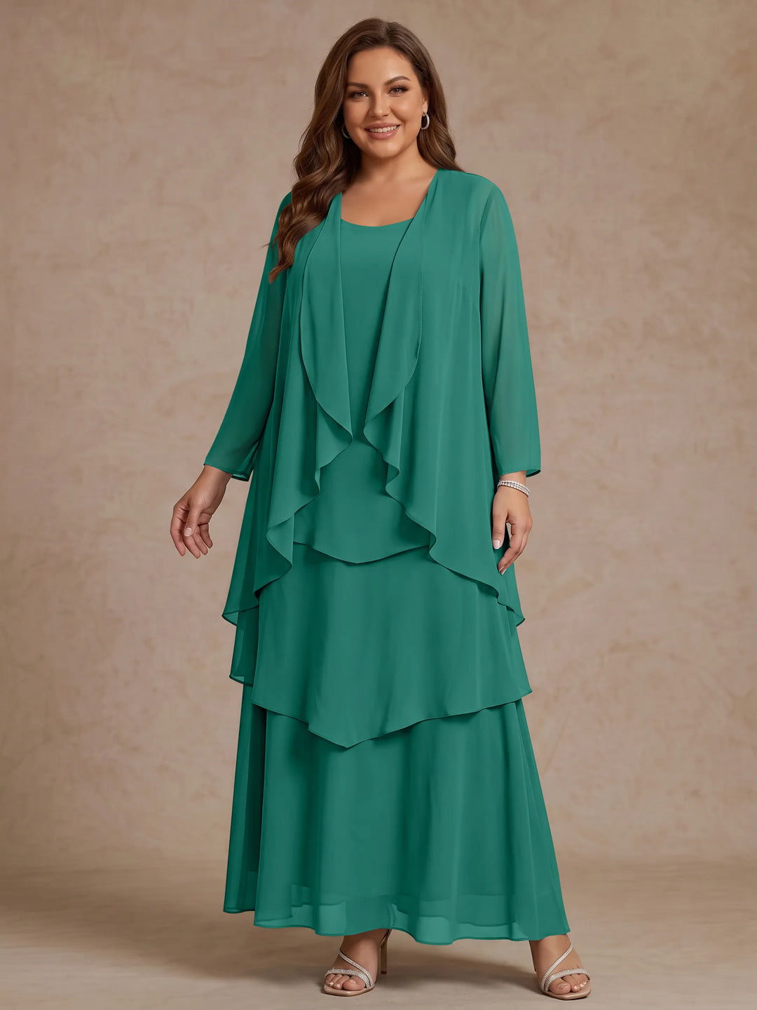 Robe Mère de la Mariée, Grande Taille, Ligne A/Princesse, Col Rond, Manches Longues, Longueur de la Cheville, Mousseline