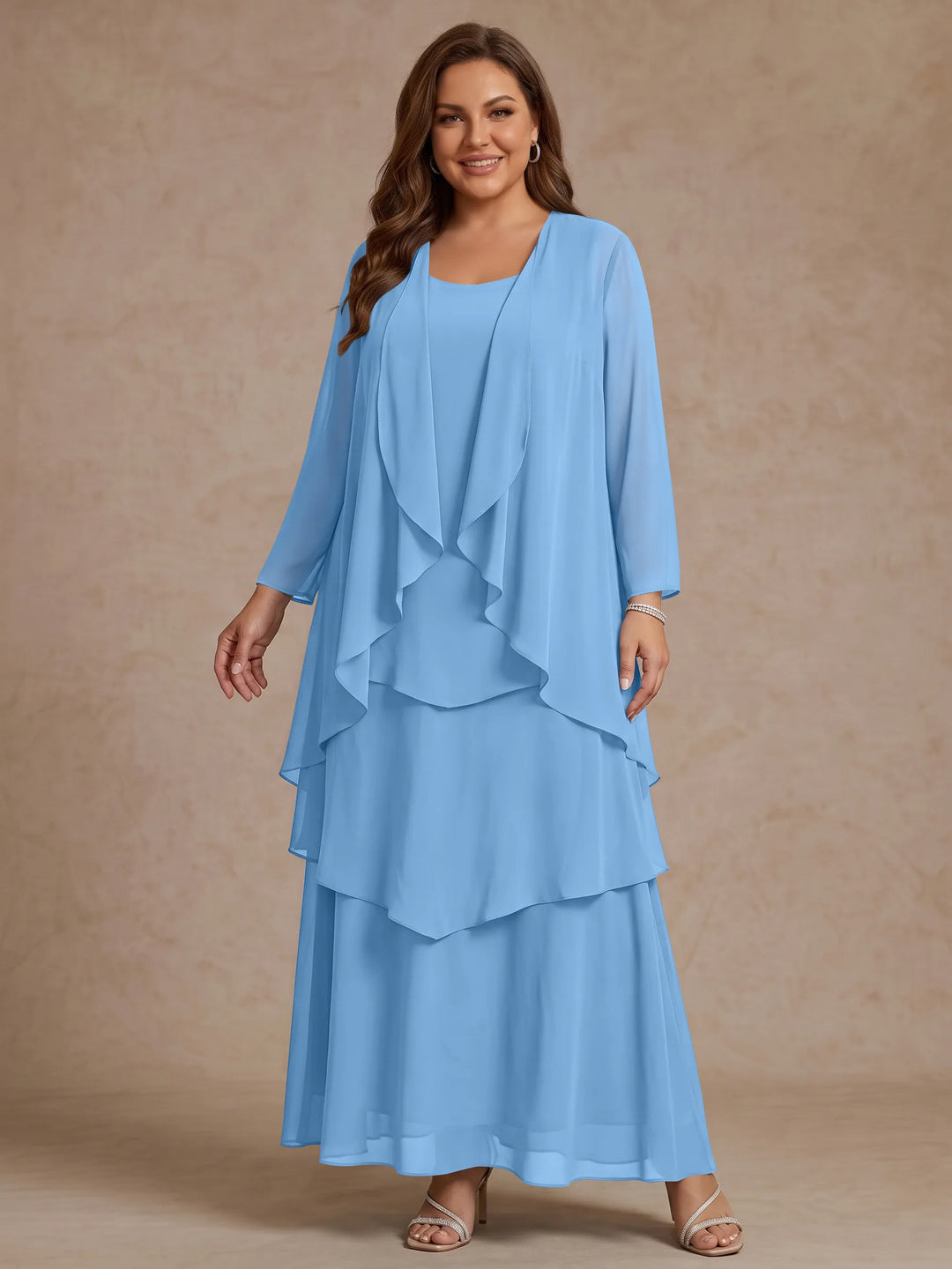 Robe Mère de la Mariée, Grande Taille, Ligne A/Princesse, Col Rond, Manches Longues, Longueur de la Cheville, Mousseline
