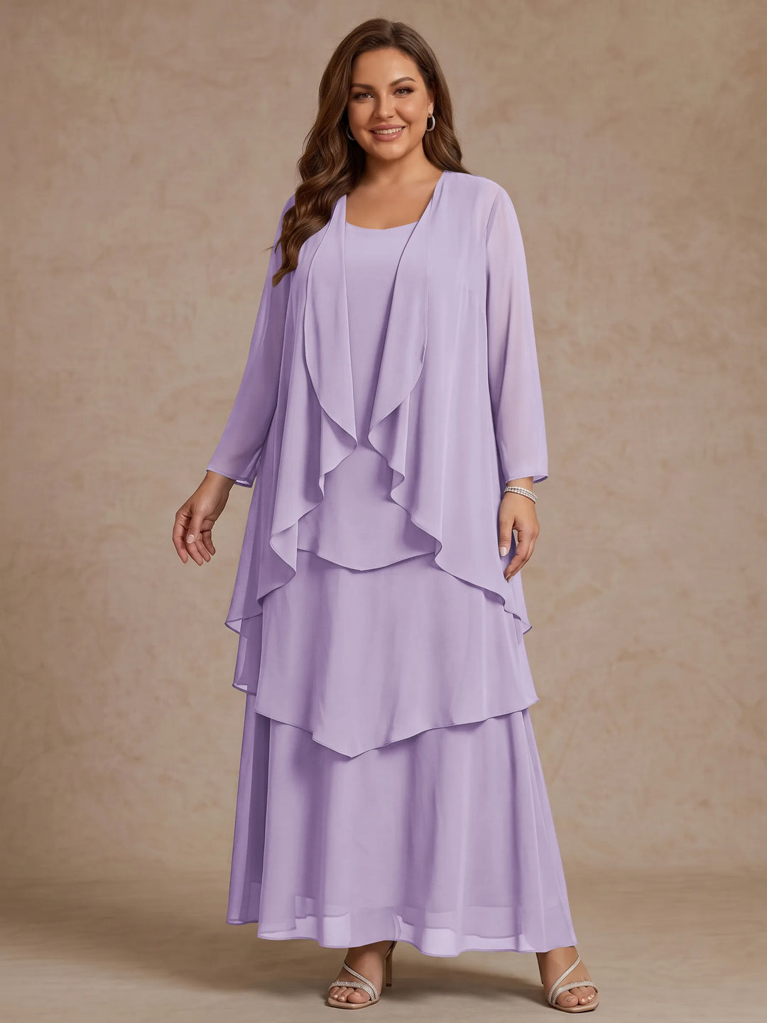 Robe Mère de la Mariée, Grande Taille, Ligne A/Princesse, Col Rond, Manches Longues, Longueur de la Cheville, Mousseline