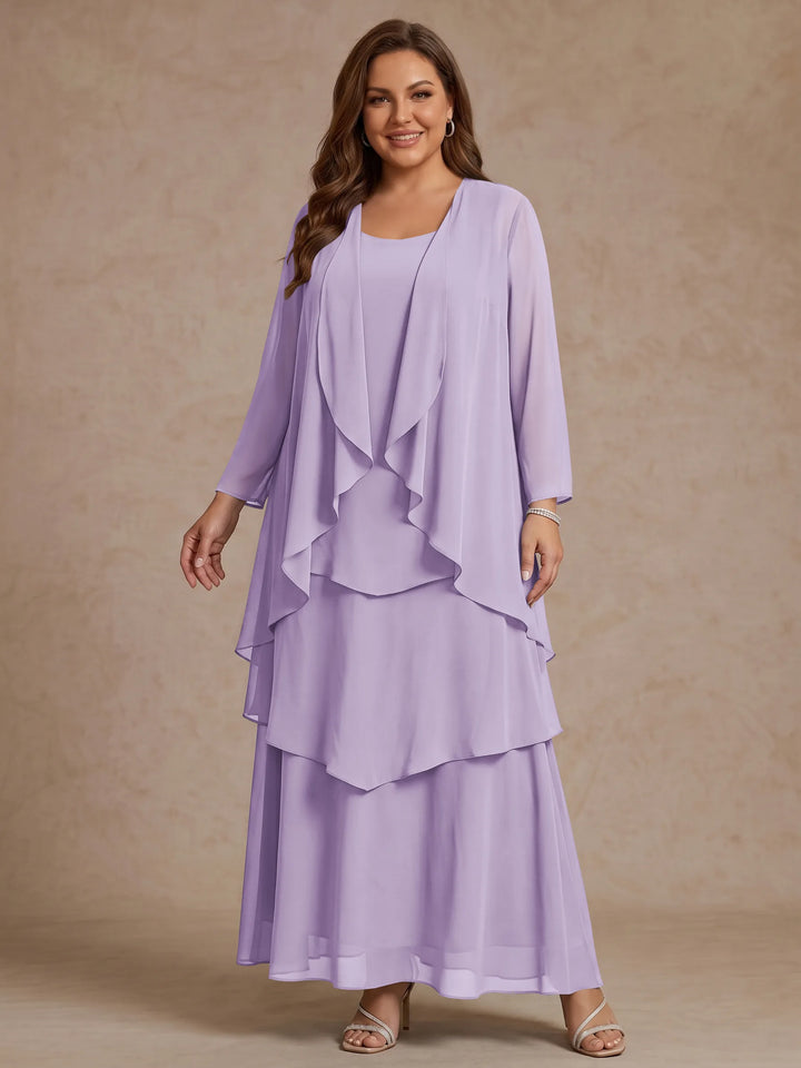 Robe Mère de la Mariée, Grande Taille, Ligne A/Princesse, Col Rond, Manches Longues, Longueur de la Cheville, Mousseline