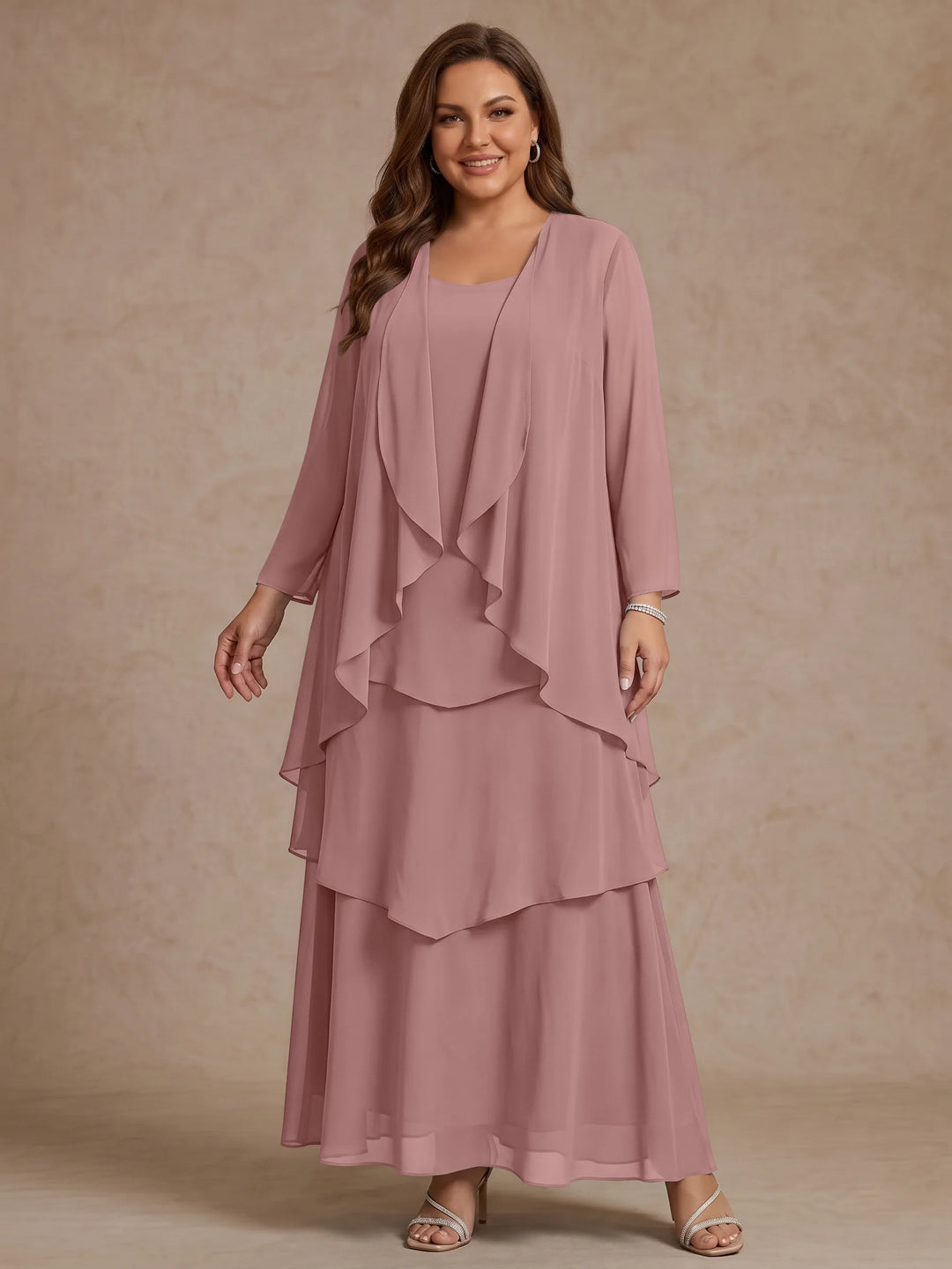 Robe Mère de la Mariée, Grande Taille, Ligne A/Princesse, Col Rond, Manches Longues, Longueur de la Cheville, Mousseline