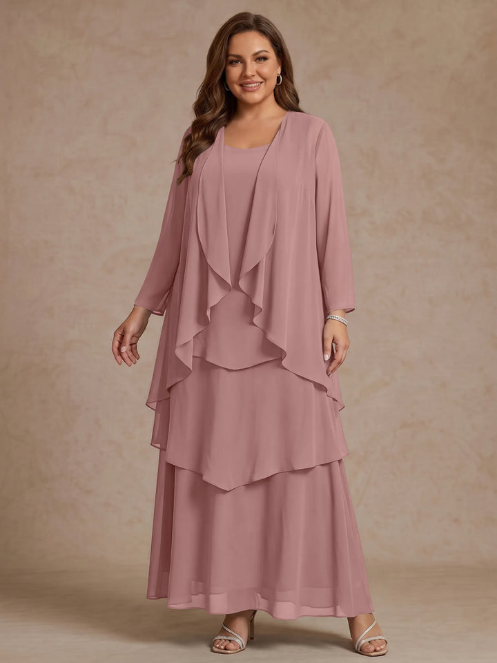 Robe Mère de la Mariée, Grande Taille, Ligne A/Princesse, Col Rond, Manches Longues, Longueur de la Cheville, Mousseline