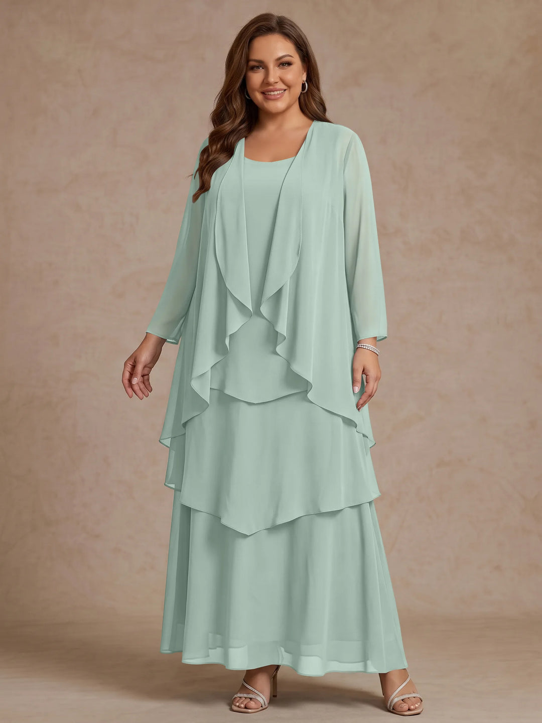 Robe Mère de la Mariée, Grande Taille, Ligne A/Princesse, Col Rond, Manches Longues, Longueur de la Cheville, Mousseline