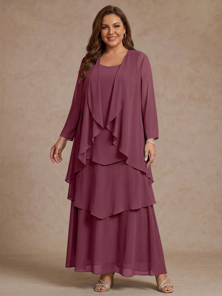 Robe Mère de la Mariée, Grande Taille, Ligne A/Princesse, Col Rond, Manches Longues, Longueur de la Cheville, Mousseline