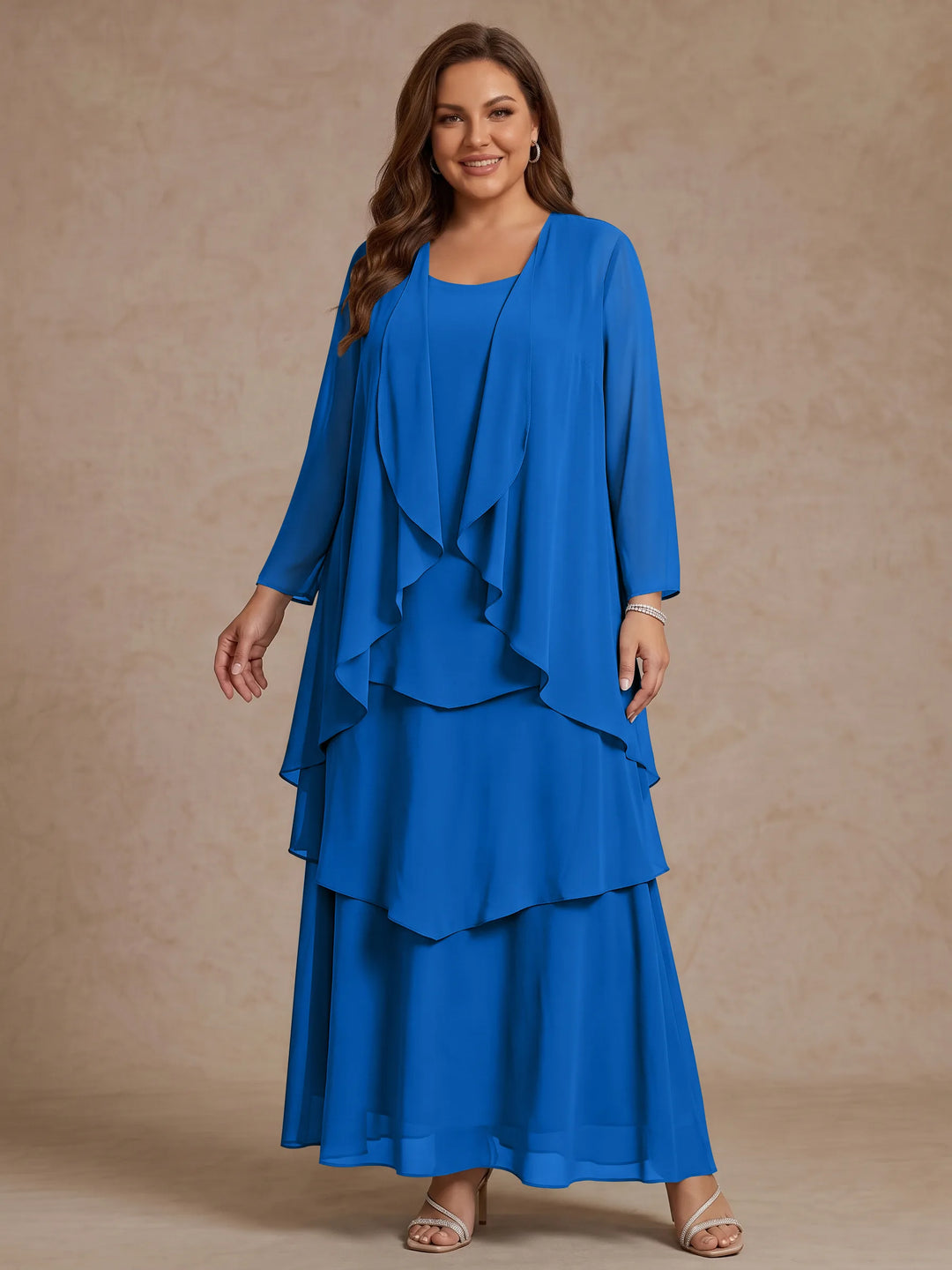Robe Mère de la Mariée, Grande Taille, Ligne A/Princesse, Col Rond, Manches Longues, Longueur de la Cheville, Mousseline