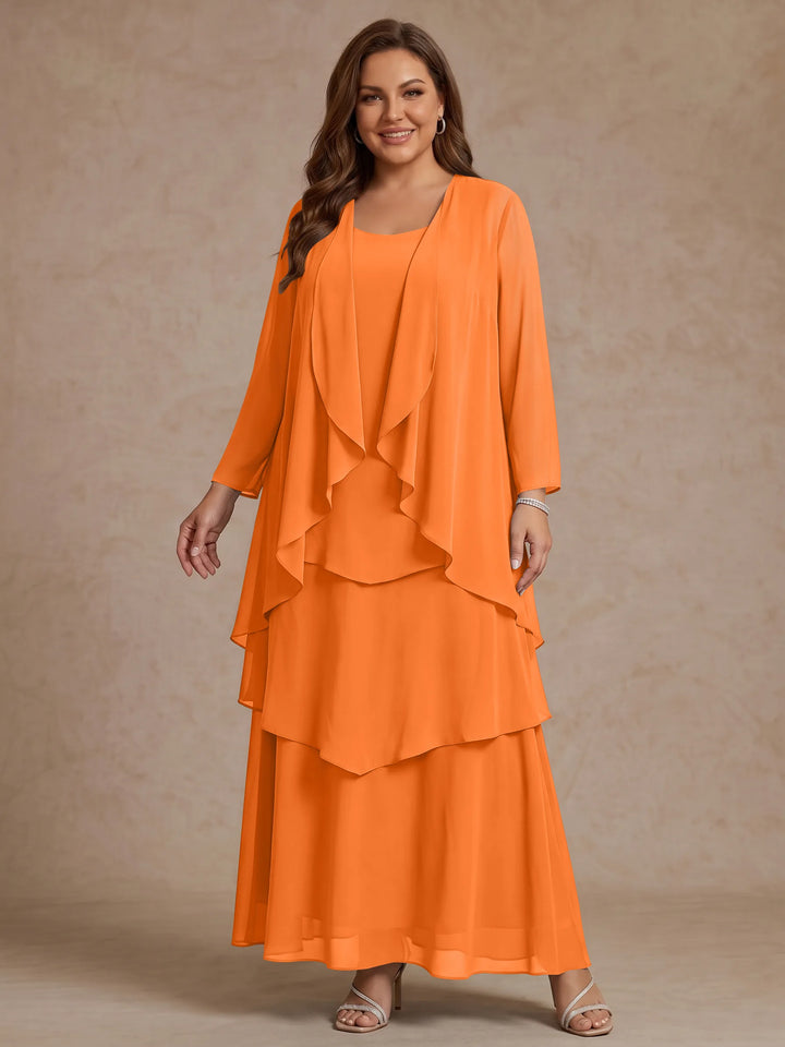 Robe Mère de la Mariée, Grande Taille, Ligne A/Princesse, Col Rond, Manches Longues, Longueur de la Cheville, Mousseline