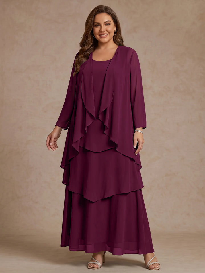 Robe Mère de la Mariée, Grande Taille, Ligne A/Princesse, Col Rond, Manches Longues, Longueur de la Cheville, Mousseline