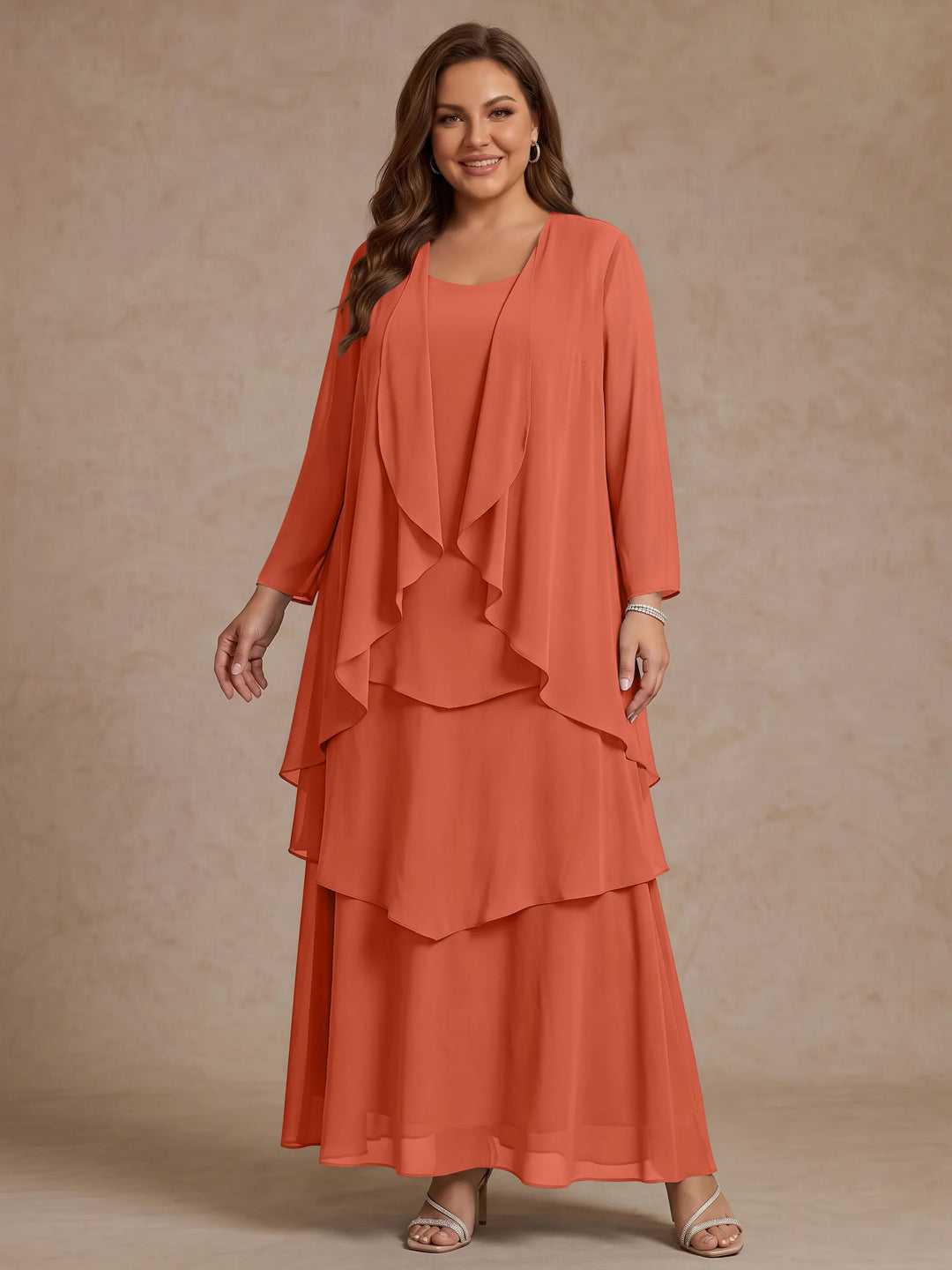 Robe Mère de la Mariée, Grande Taille, Ligne A/Princesse, Col Rond, Manches Longues, Longueur de la Cheville, Mousseline