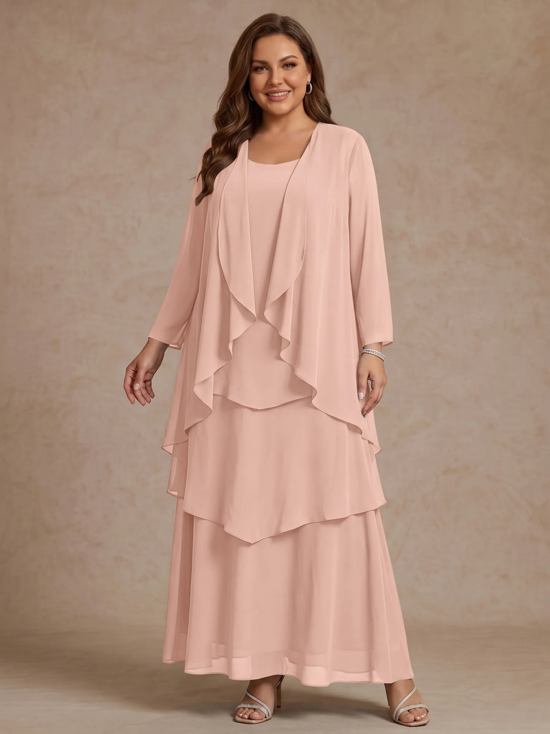 Robe Mère de la Mariée, Grande Taille, Ligne A/Princesse, Col Rond, Manches Longues, Longueur de la Cheville, Mousseline