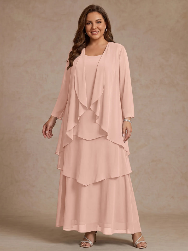Robe Mère de la Mariée, Grande Taille, Ligne A/Princesse, Col Rond, Manches Longues, Longueur de la Cheville, Mousseline