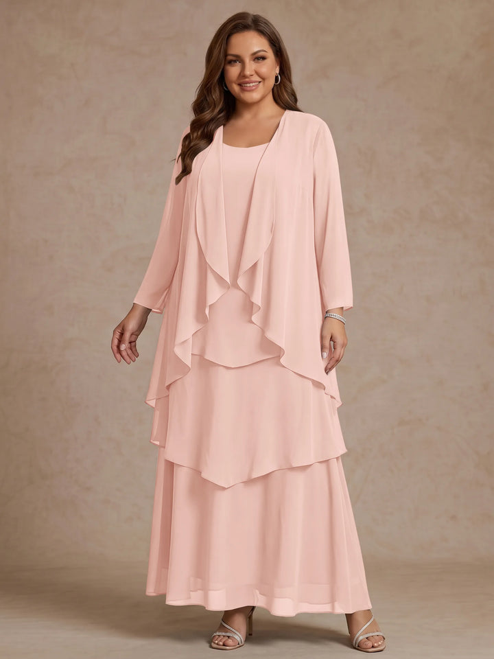 Robe Mère de la Mariée, Grande Taille, Ligne A/Princesse, Col Rond, Manches Longues, Longueur de la Cheville, Mousseline
